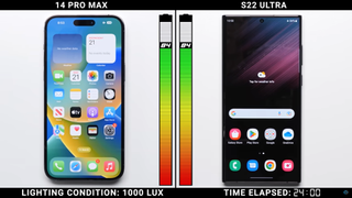 Side-by-side battery drain test results showing the iPhone 14 Pro and the Samsung Galaxy S22 Ultra