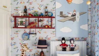 Boys bedroom with cloud wallpaper