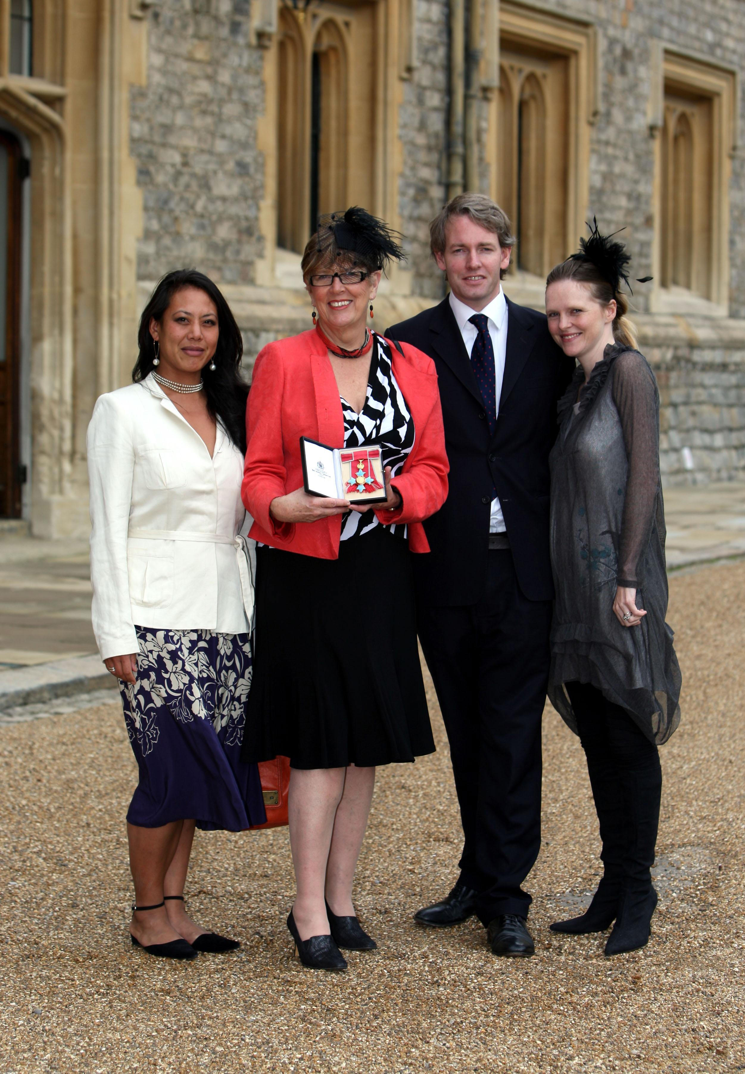 Prue Leith, with daughter Li-Da Kruger (left) and her son Danny Kruger and his wife Emma, after she become a Commander of the British Empire (CBE) from the Princess Royal during the investiture ceremony at Windsor Castle.