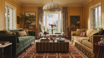 a living room with two couches in green and mustard yellow, a large coffee table, and a fabric pendant light