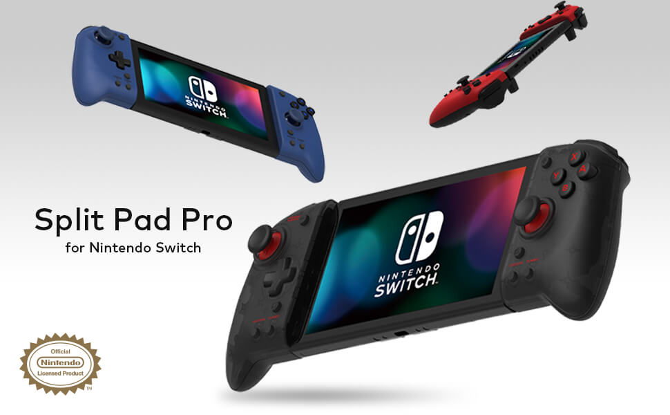 Pictures of black, blue and red HORI Switch Pad Pro controllers