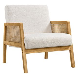 Yaheetech Boucle Fabric Accent Chair, Modern Armchair With Rattan Sides, Vintage Vanity Chair for Living Rooms, Bedrooms, Ivory