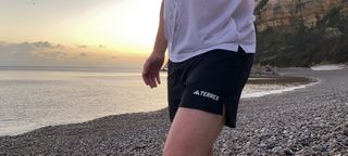 Man wearing adidas Terrex Multi Trail Running Shorts on pebbly beach at sunset