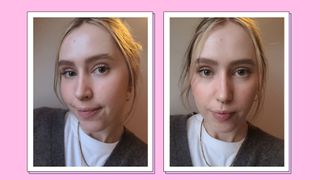 Naomi Jamieson wearing the Rare Beauty Perfect Strokes mascara/ in a pink template