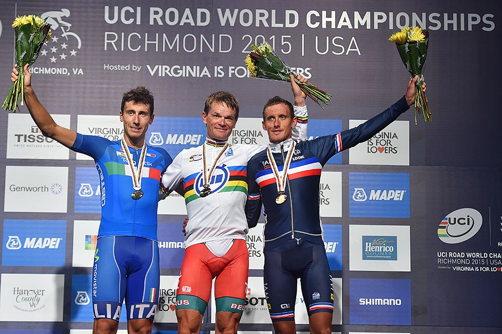 The elite men's time trial podium