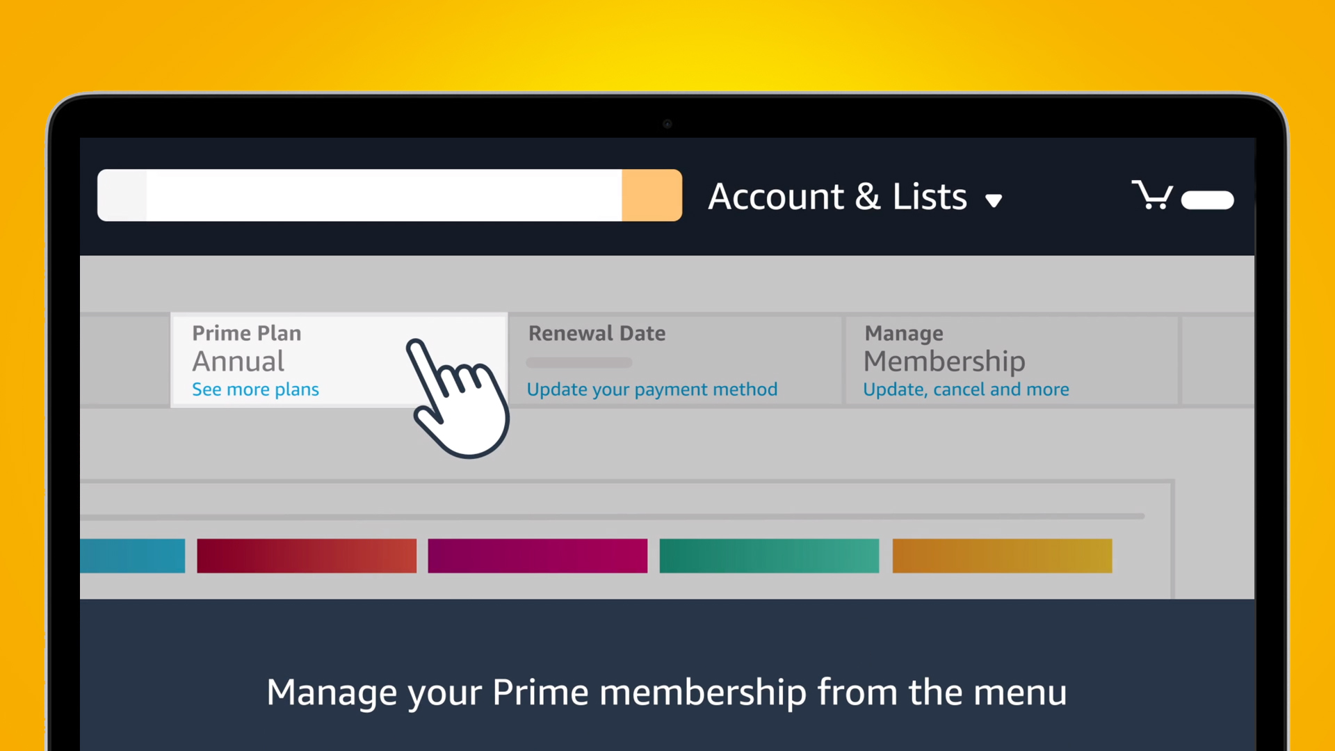 A laptop screen on a yellow background showing how to manage your Amazon Prime account