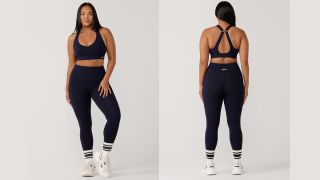 Lorna Jane Amy ankle biter leggings with phone pocket worn by model, front and back view