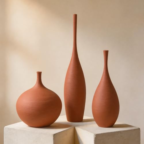Decovlog Ceramic Vases Set of 3, Modern Boho Vases for Centerpiece Decor, Matte Terracotta Brown Minimalist Decorative Vases for Home Decor, Living Room, Bookshelf, and Entryway Table Decor