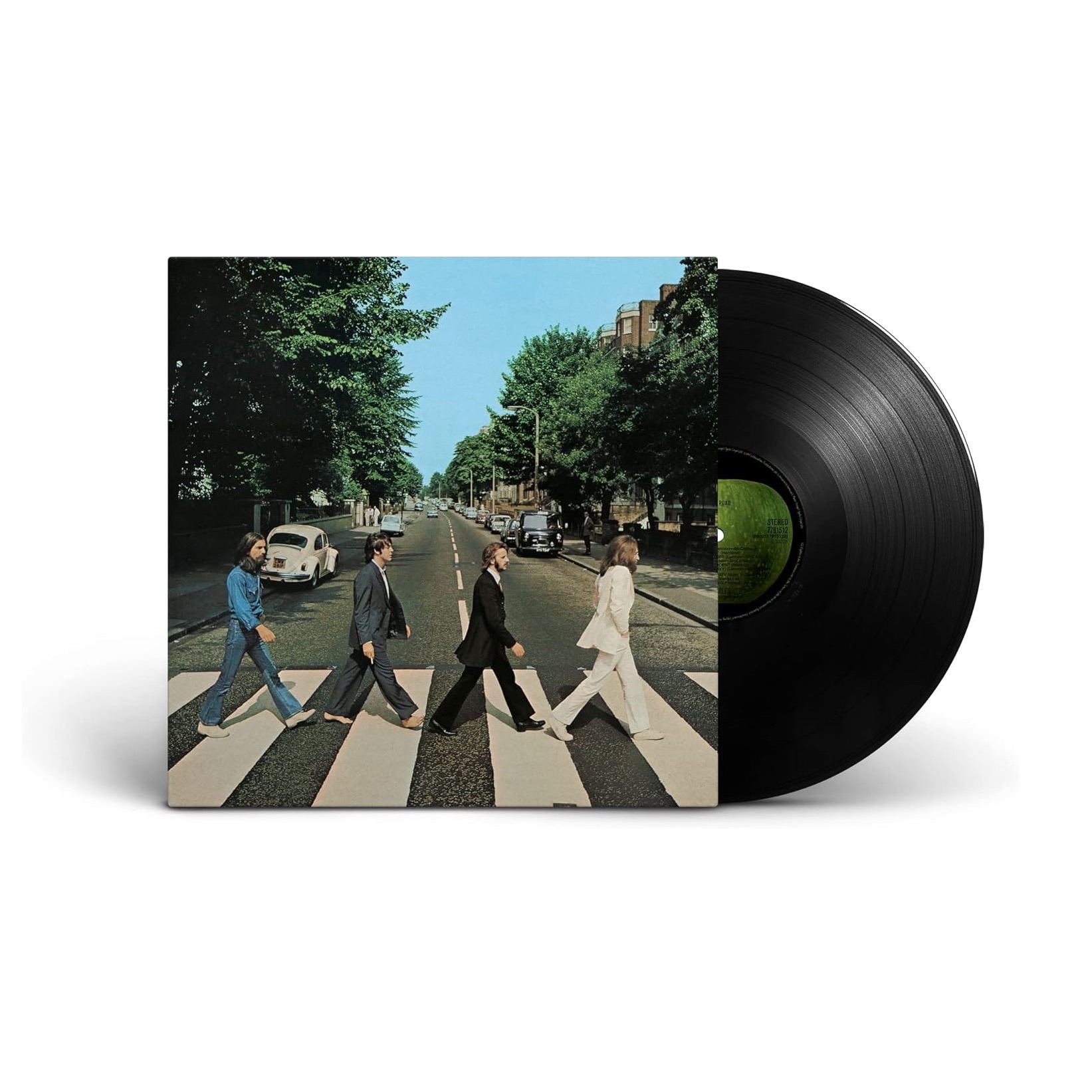 The record sleeve of The Beatles' Abbey Road album with the LP poking out of the side.