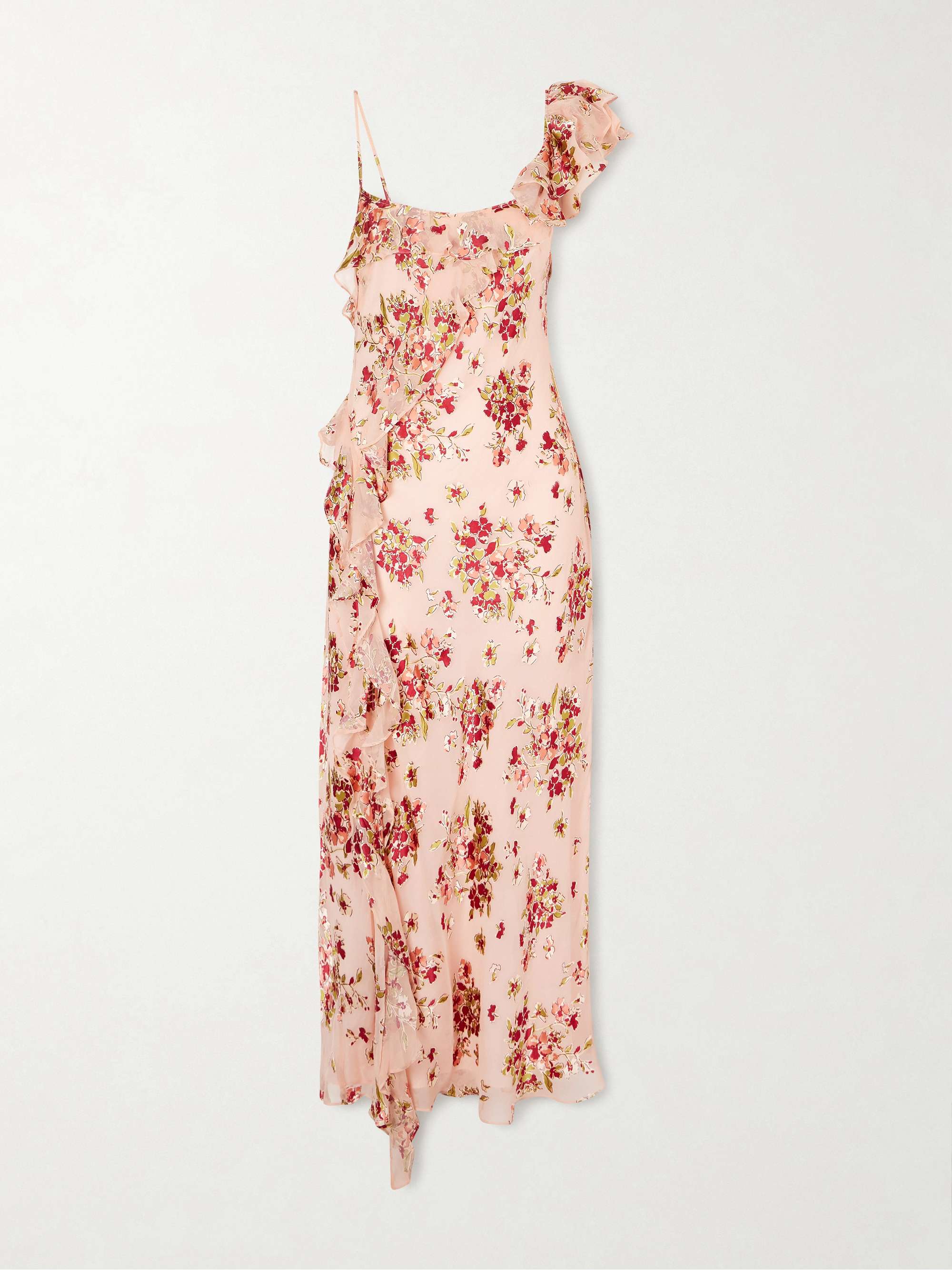 Asymmetric Floral-Print Chiffon and D&amp;eacute;vor&amp;eacute;-Velvet Maxi Dress