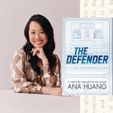 a split image of author ana huang's headshot and the cover of her book the defender