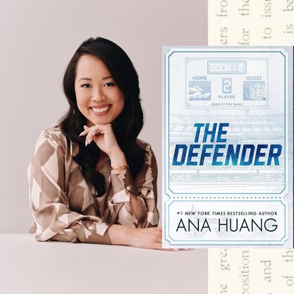 a split image of author ana huang's headshot and the cover of her book the defender