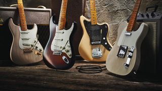 A collection of Fender guitars including Strat, Tele and Jazzmaster