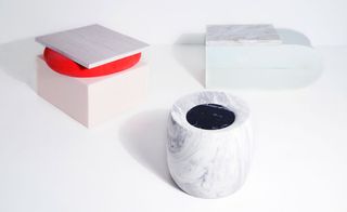 The focus of Pieteke Korte’s whimsical side table, titled ‘Stone & Foam’ (left), is the red air cushion