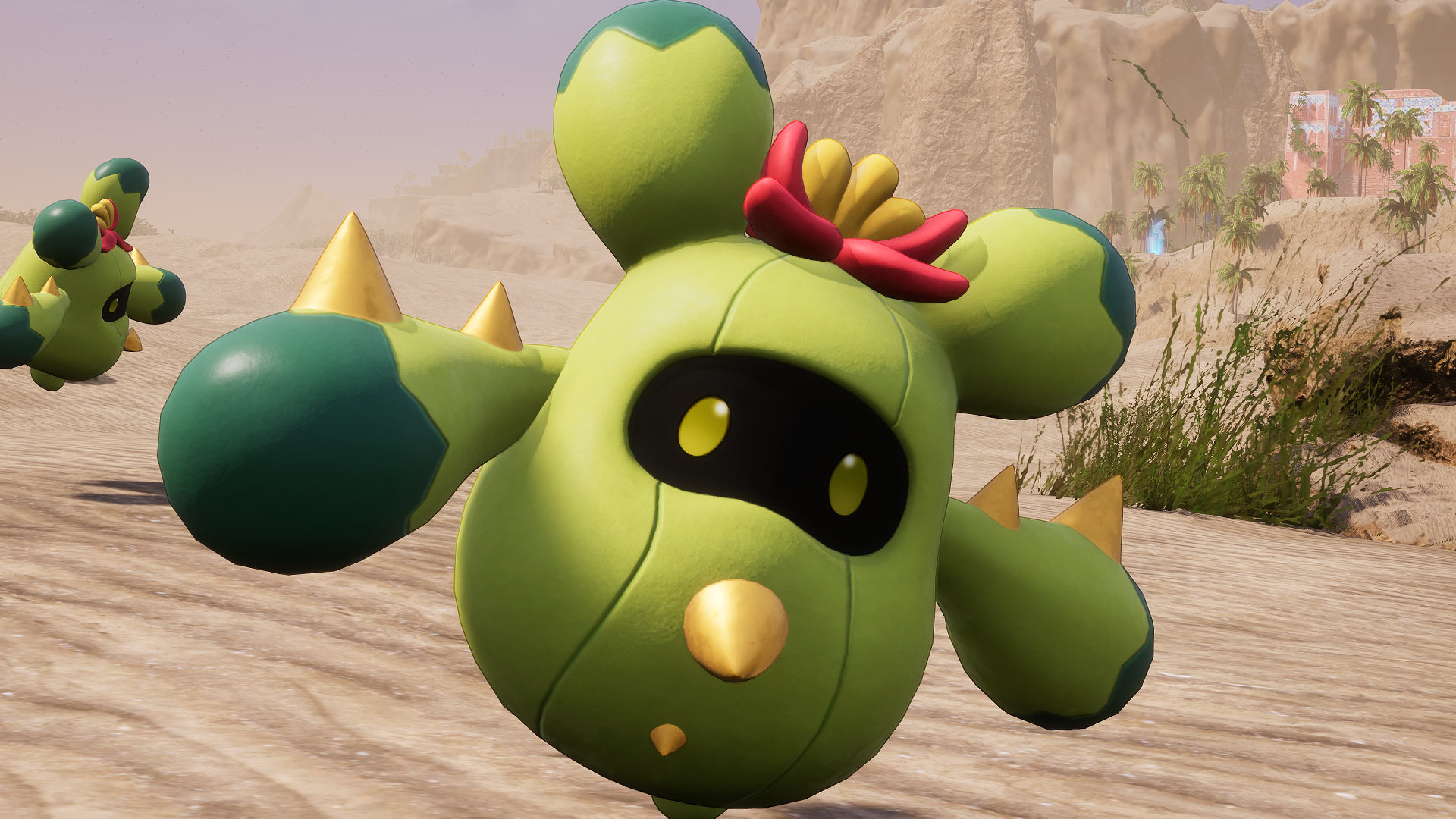 Palworld - needoll, a rounded cactus like pal with green skin and yellow spikes