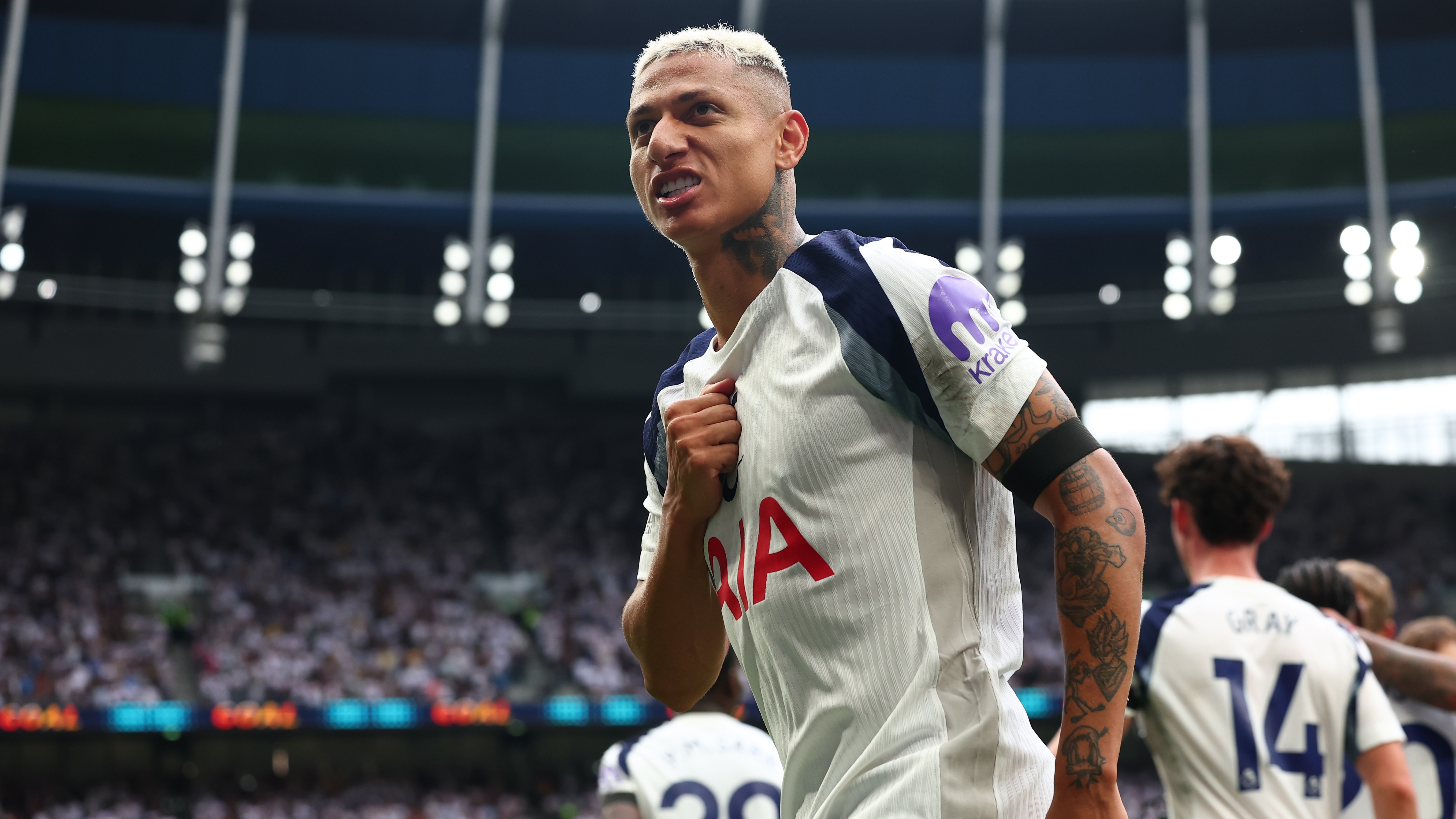 Richarlison of Tottenham Hotspur celebrates after he scored for 2-0 during the Premier League match between Tottenham Hotspur and Burnley at Tottenham Hotspur Stadium on August 16, 2025 in London, England.