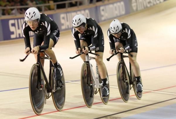New Zealand on the way to breaking the world record in their bronze medal ride in the women's 3,000m team pursuit.