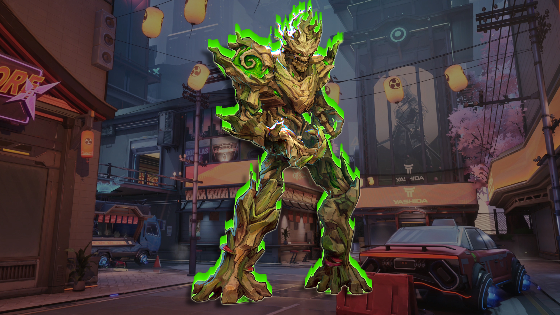 Groot, outlined in green, against the backdrop of Tokyo 99
