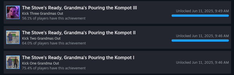 A Steam screenshot showing a trio of achievements earned while playing the Troleu demo by throwing grandmas from the trolley.