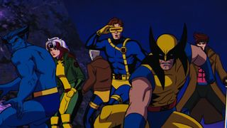 Animated Xmen stand side-by-side infront of a dark blue background.