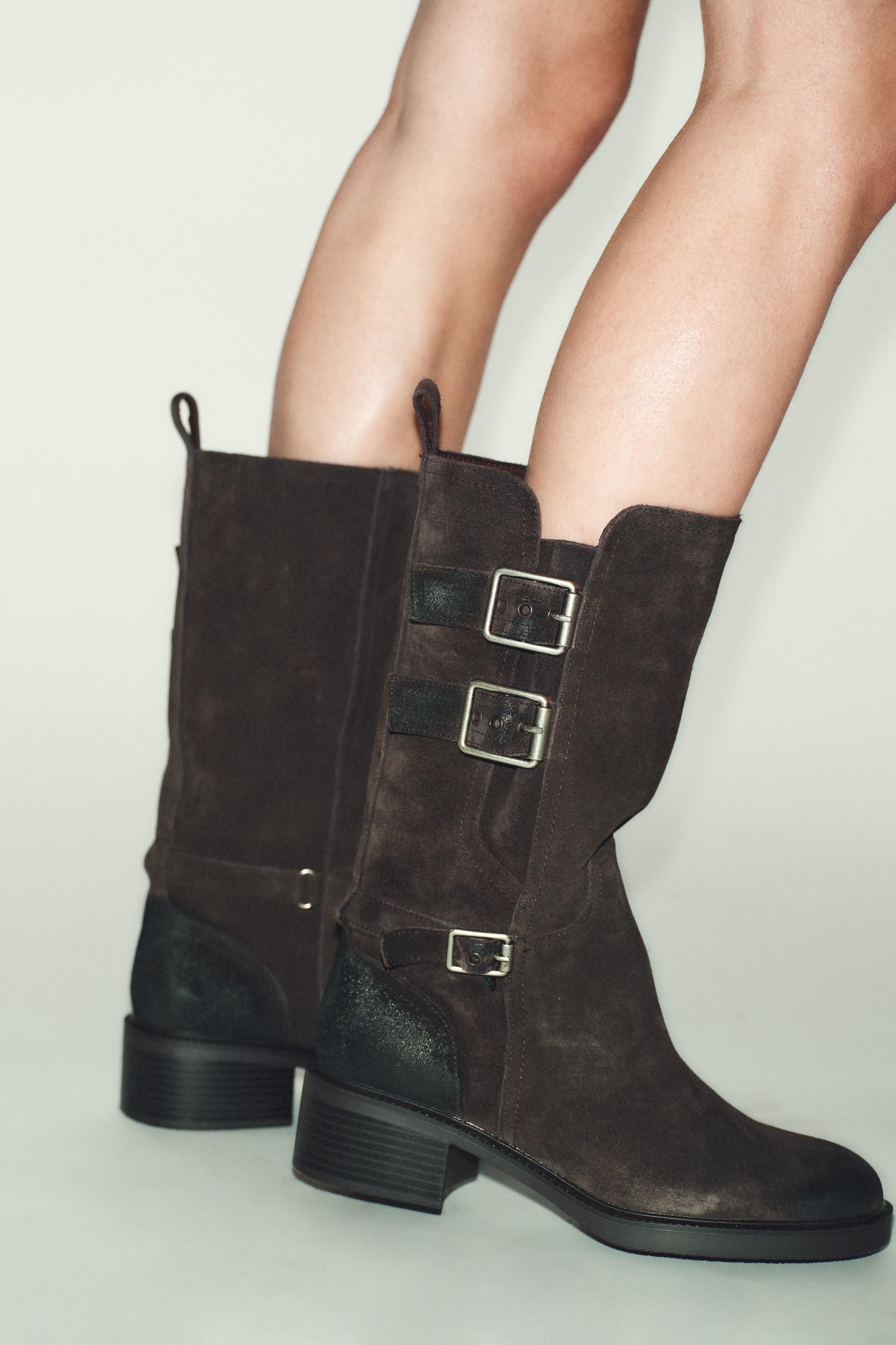 Buckled Split Leather Ankle Boots
