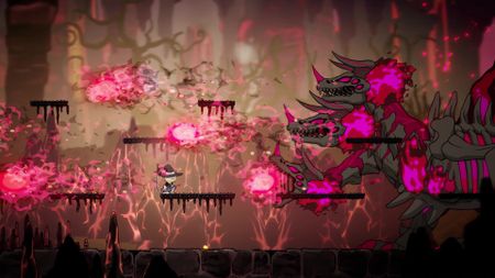 A witch stands on a platform avoiding fire balls that a three-headed dragon is spitting out. It's a screenshot from Never Grave: The Witch and The Curse