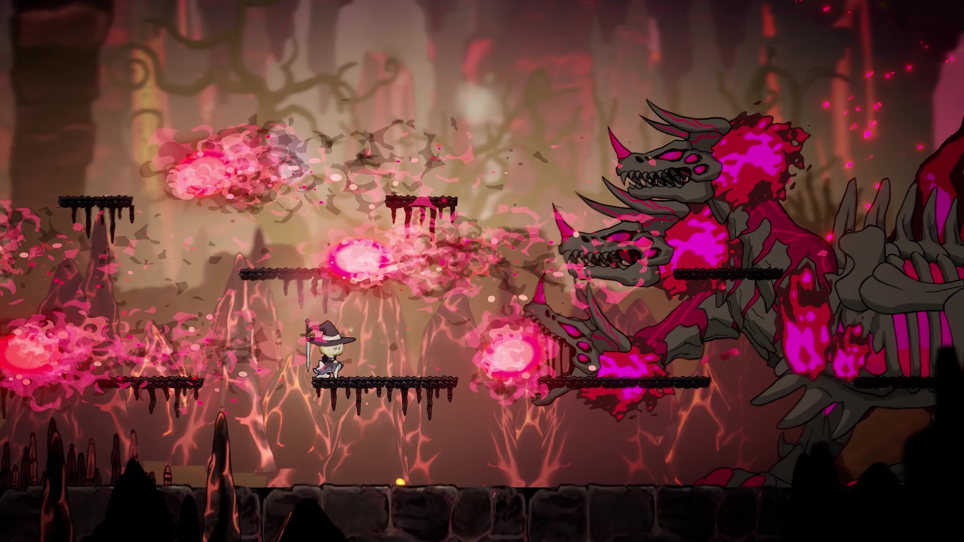 A witch stands on a platform avoiding fire balls that a three-headed dragon is spitting out. It&#039;s a screenshot from Never Grave: The Witch and The Curse