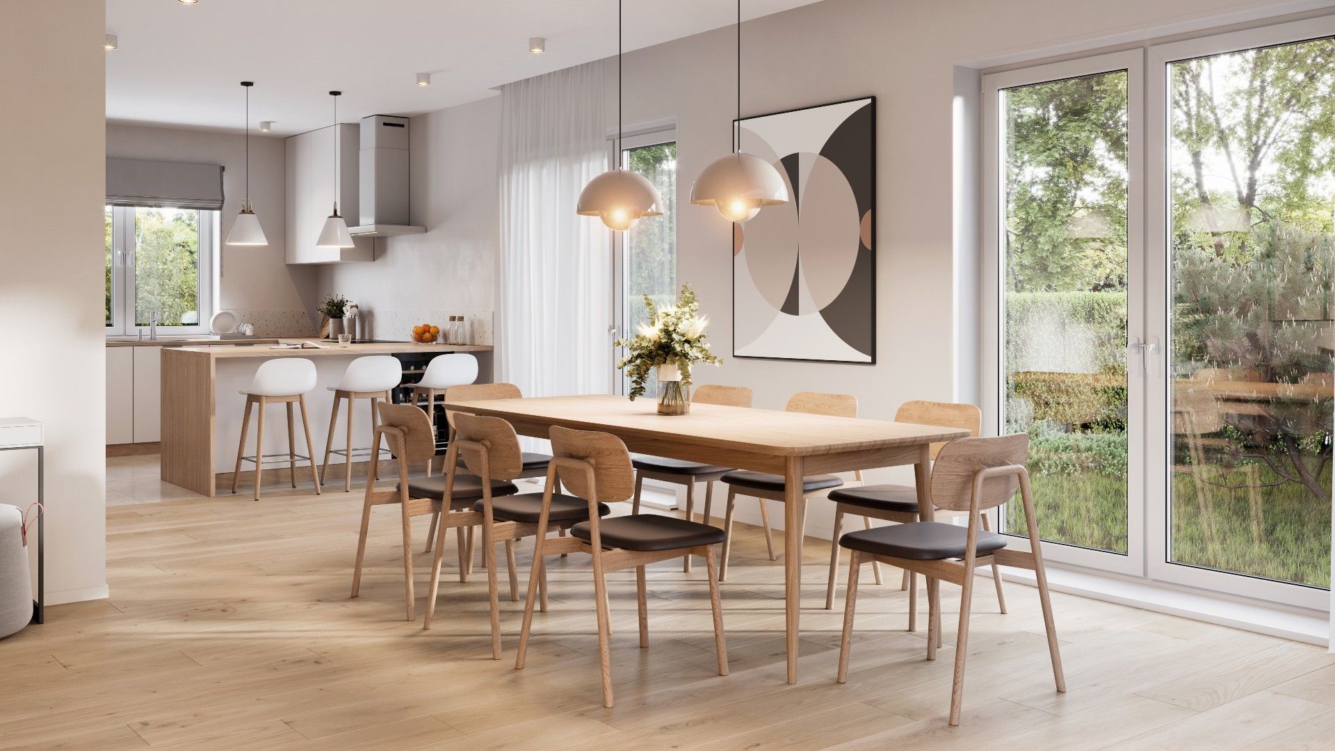 modern, minimalist kitchen in white and neutral tones, with wooden floor, large dining table, and open, bi-fold doors