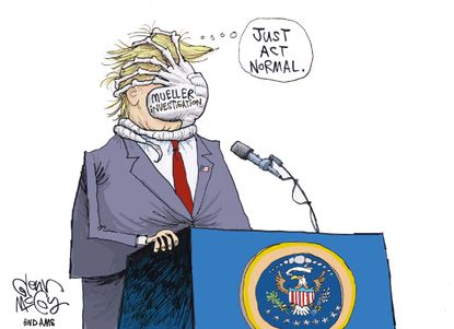 Political cartoon U.S. Trump chaos Mueller FBI Russia investigation collusion Alien