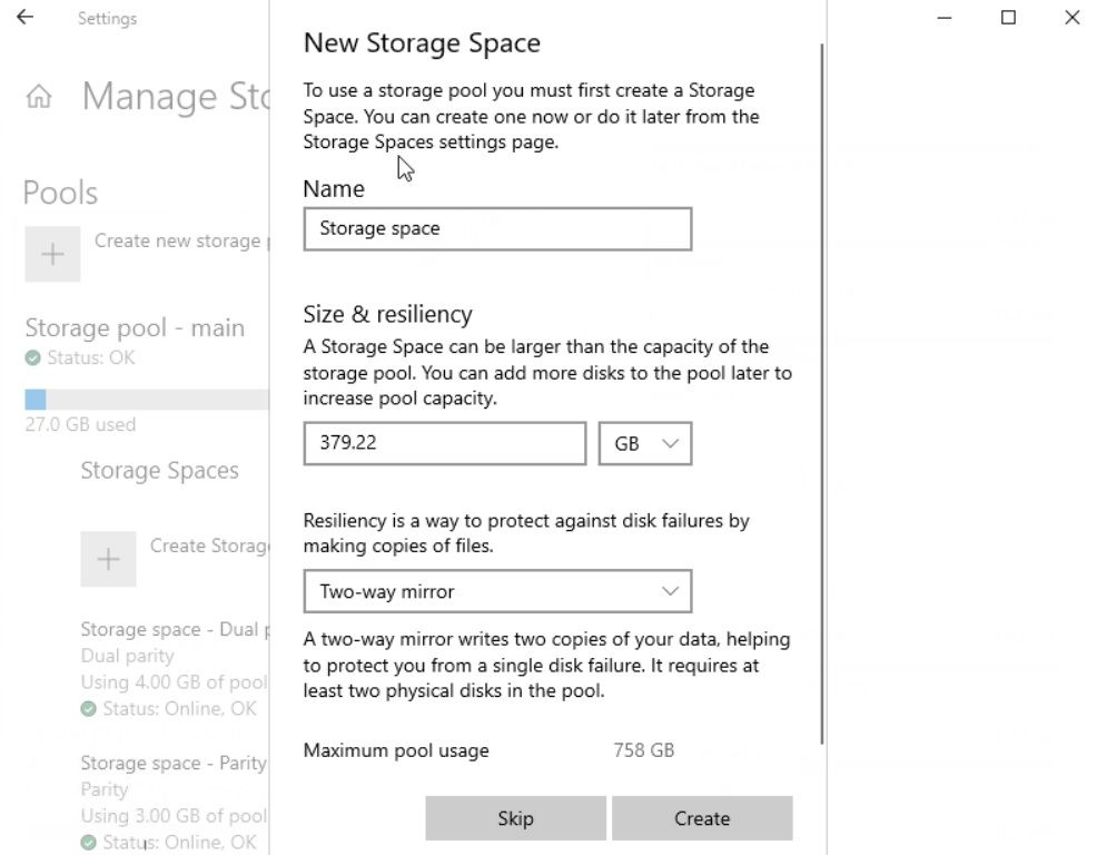 Settings app storage pool