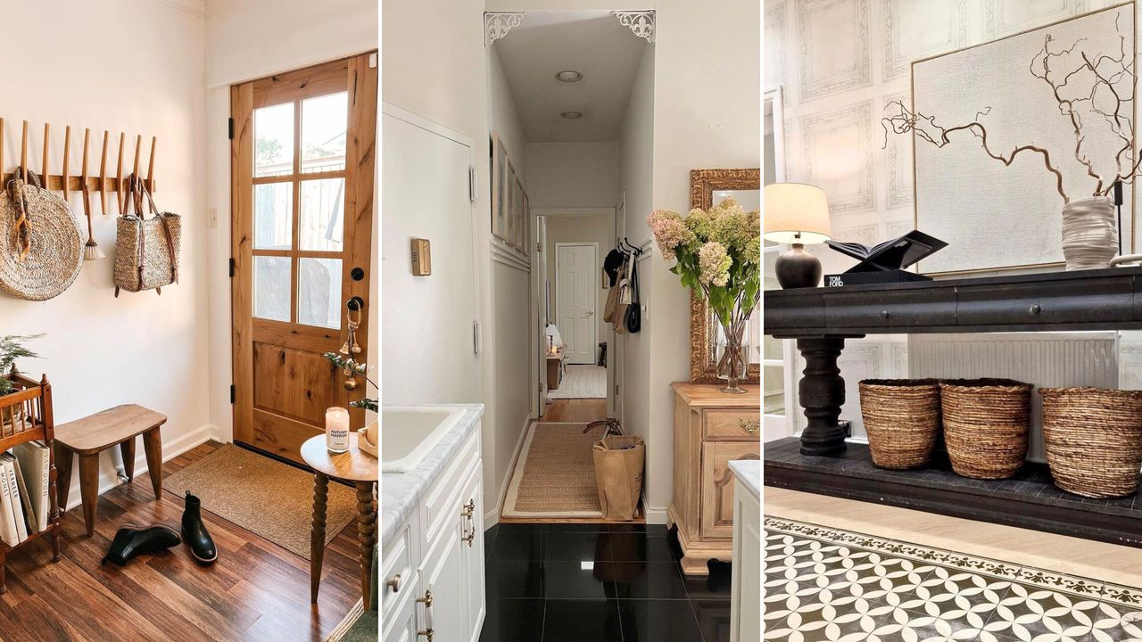 Narrow entryway ideas can look stylish too. Here are three of these - one with a brown door and shelving, one white one, and one with a black console table