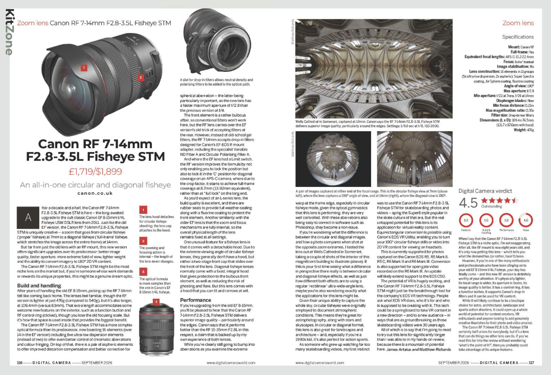 Image showing the two pages of the Canon RF 7-14mm F2.8-3.5L Fisheye STM lens review, in issue 311 (September 2026) of Digital Camera magazine