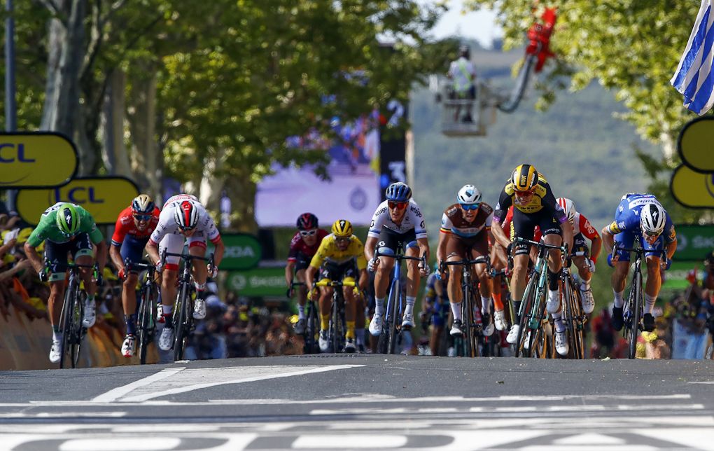 Riders bear down on the finish of stage 10 at the Tour de France