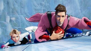 Gwen (Hailee Steinfeld) and Peter B. Parker (Jake Johnson) clinging to a building in Spider-Man: Across the Spider-Verse.