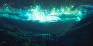 A still from Andor episode 6 showing the "Eye of Aldhanhi" celestial event which appears like a million meteorites at once.