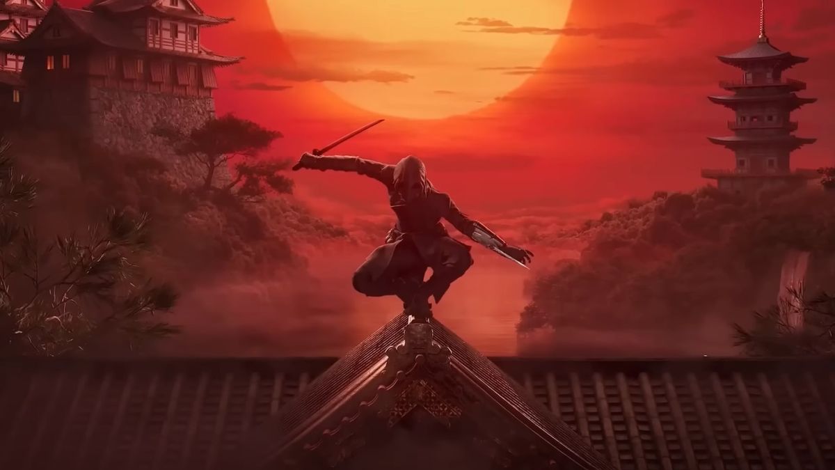 An assassin perches on a rooftop, showing off their hidden blade