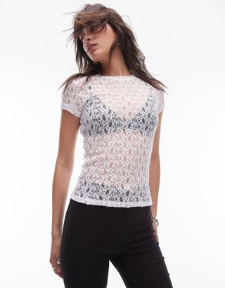 Topshop Sheer Lace Tee in White