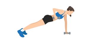 an illustrated photo of a woman performing a dumbbell renegade push up