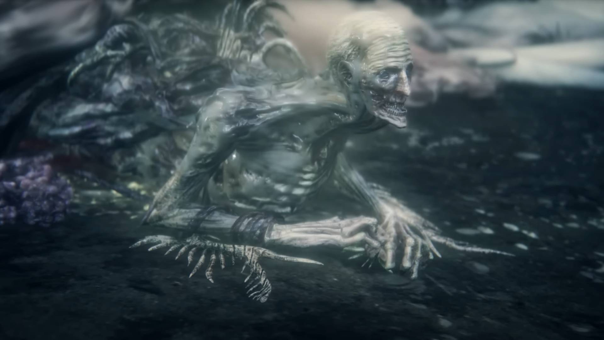 A screenshot of Orphan of Kos in its introductory cutscene in Bloodborne&#039;s The Old Hunters DLC.