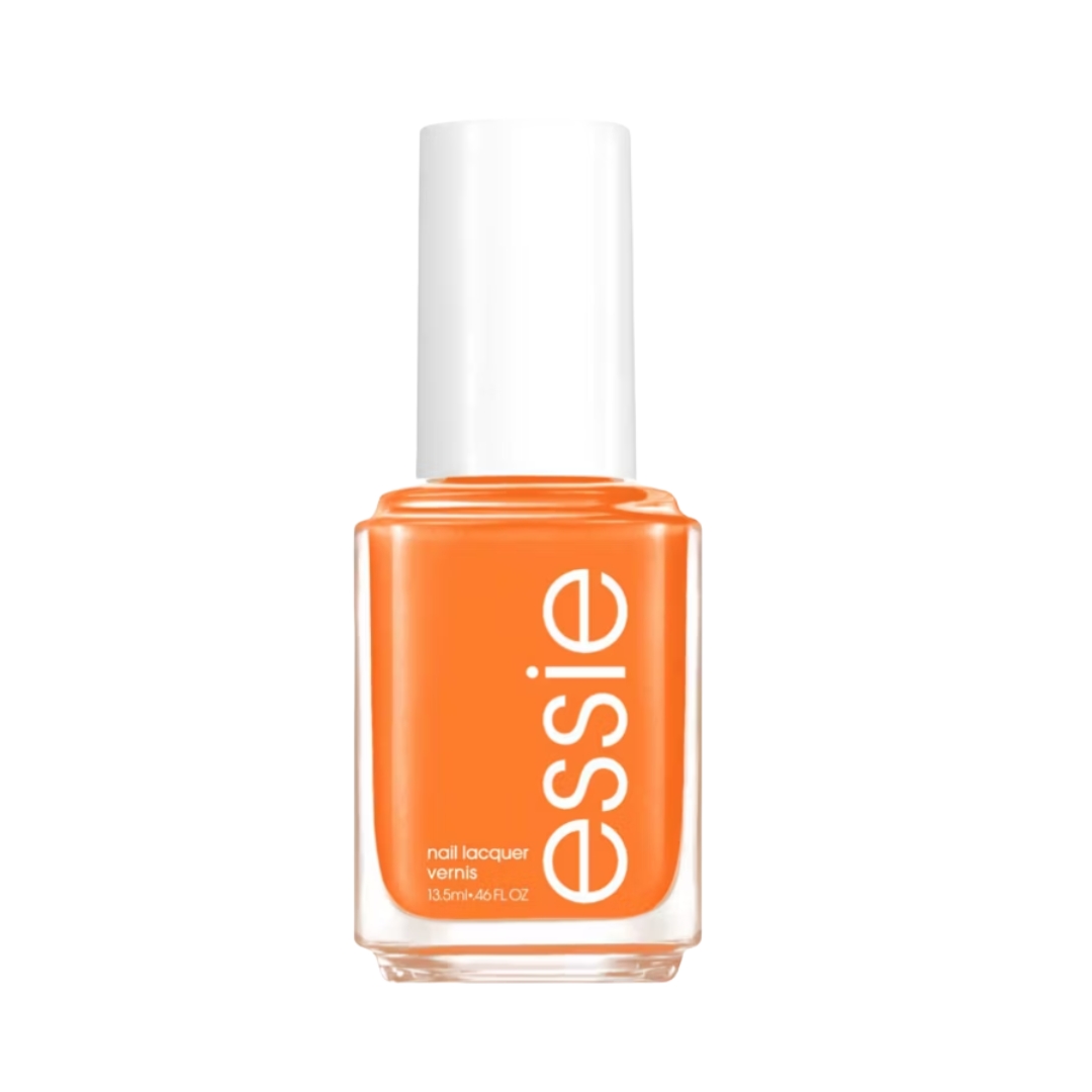 A product shot of the essie nail polish in Be Them All (a bright orange), on a white background