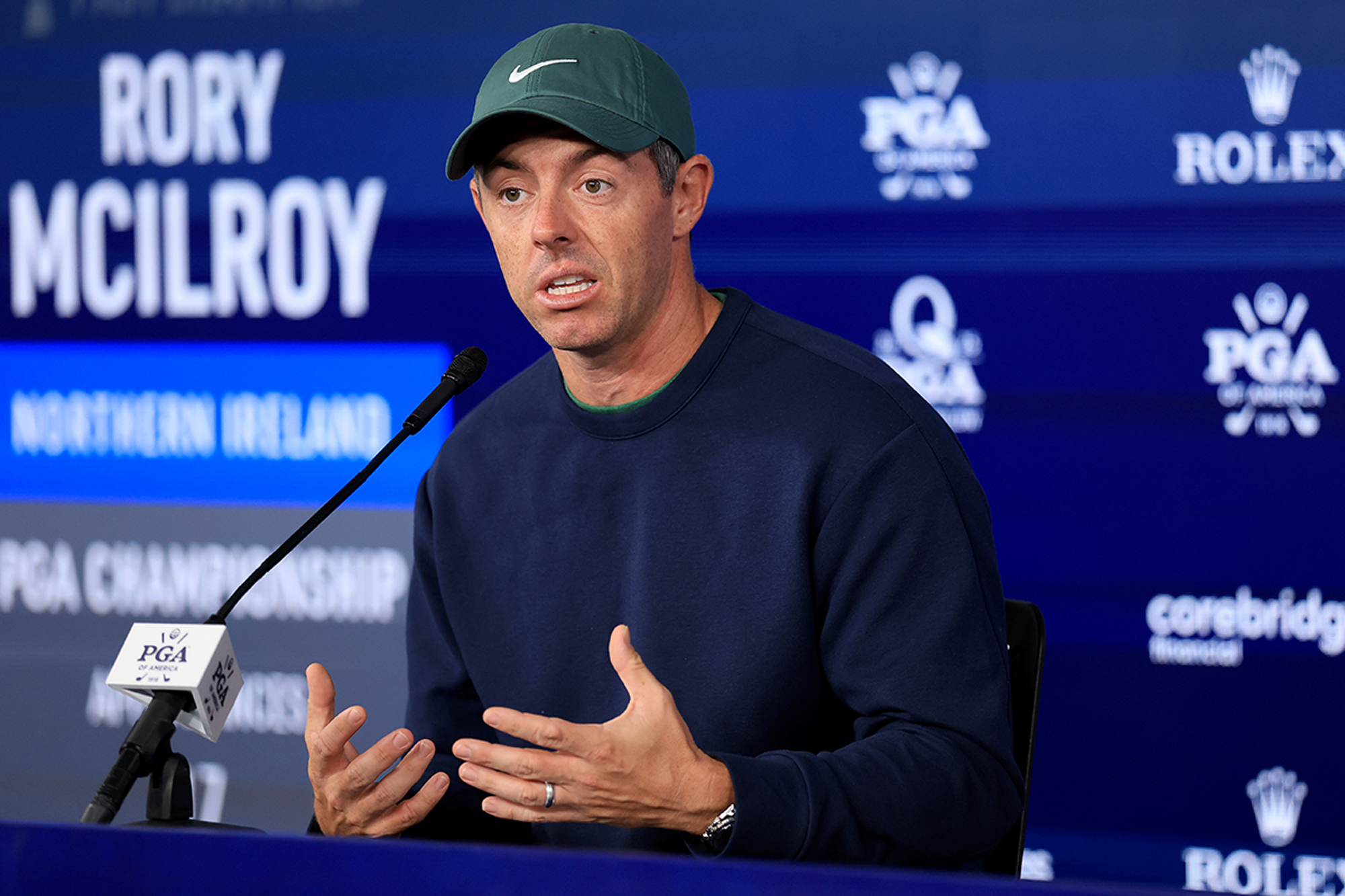 Rory McIlroy speaking to the media before the start of the PGA Championship in 2025