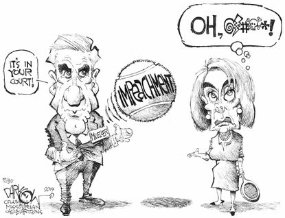 Political Cartoon U.S. Mueller Pelosi Impeachment Tennis Serve