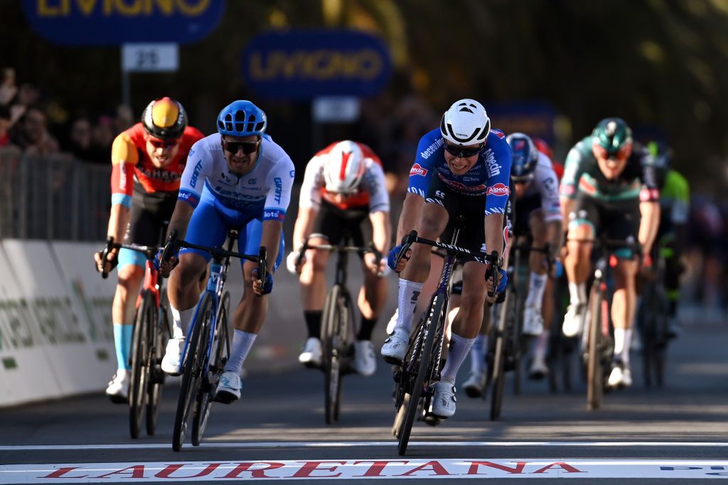 SAN BENEDETTO DEL TRONTO ITALY MARCH 12 LR Dylan Groenewegen of The Netherlands and Team Jayco AlUla and Jasper Philipsen of Belgium and Team AlpecinDeceuninck sprint at finish line during the 58th TirrenoAdriatico 2023 Stage 7 a 154km stage from San Benedetto del Tronto to San Benedetto del Tronto UCIWT TirrenoAdriatico on March 12 2023 in San Benedetto del Tronto Italy Photo by Tim de WaeleGetty Images