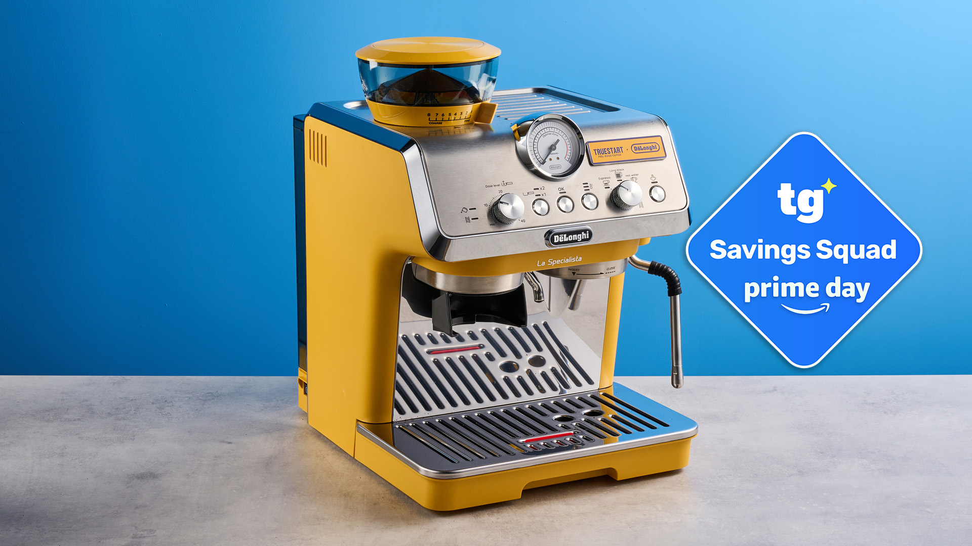 the delonghi arte evo in yellow version with a tom's guide prime day badge