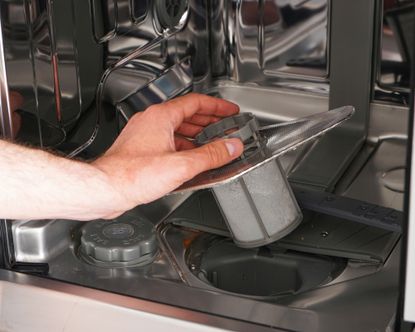 A man removing a dishwasher filter for cleaning
