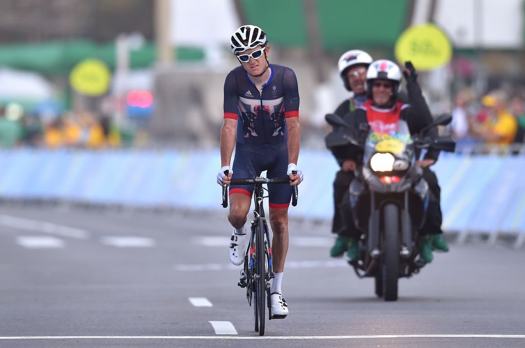 A sore Geraint Thomas (Great Britain) approaches the line
