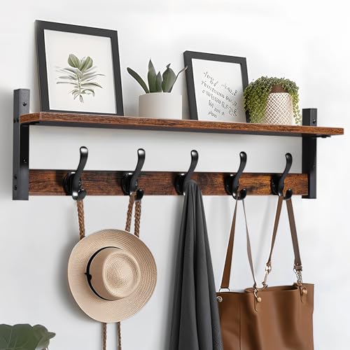 Tatub 29" Rustic Coat Rack Wall Mount With Shelf, Entryway Wall Hooks With Shelf, Coat Hangers for Bathroom, Living Room, Bedroom, Rustic Black