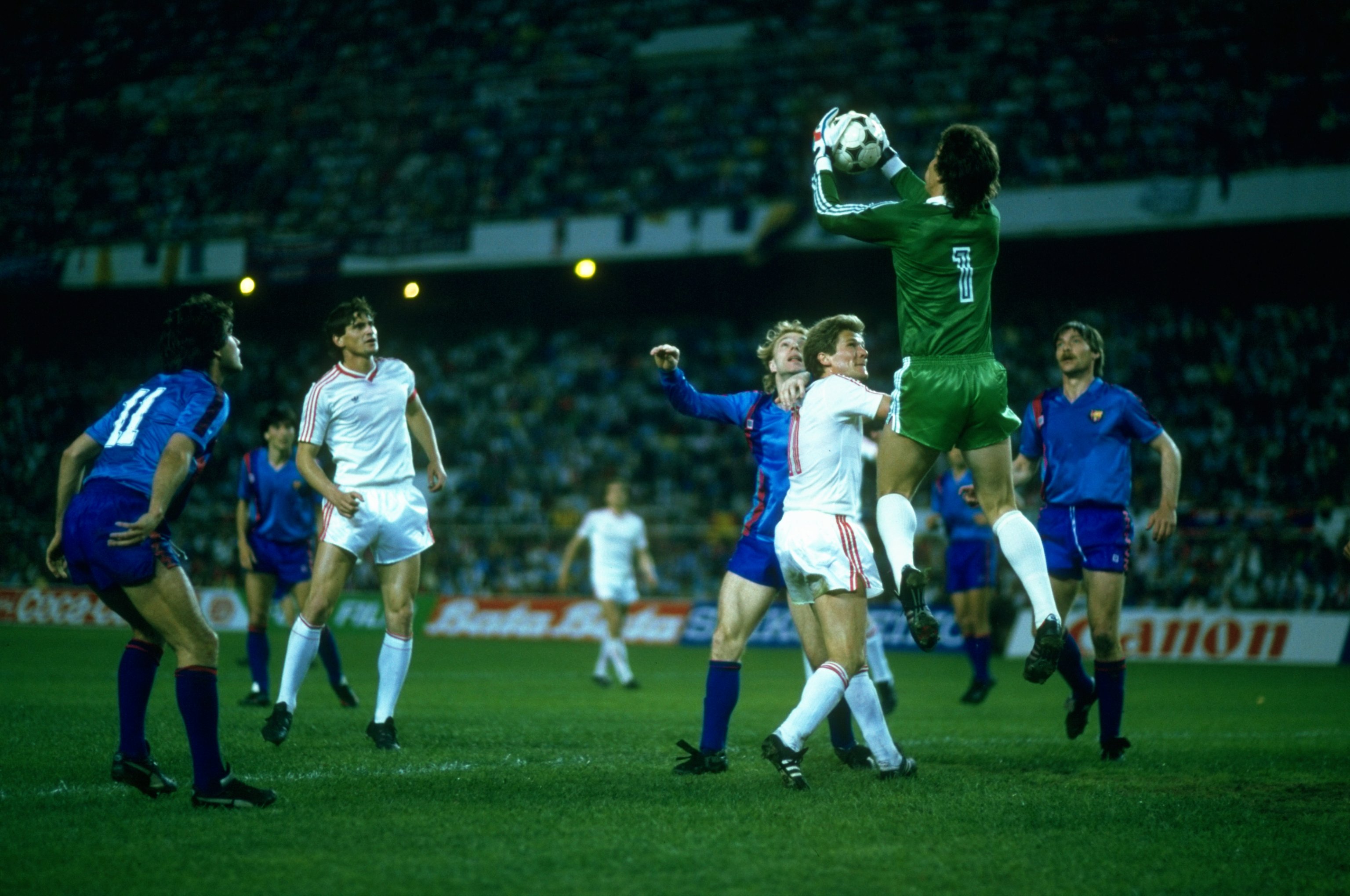 Steaua Bucharest goalkeeper Helmut Duckadam makes a save in the 1986 European Cup final against Barcelona.