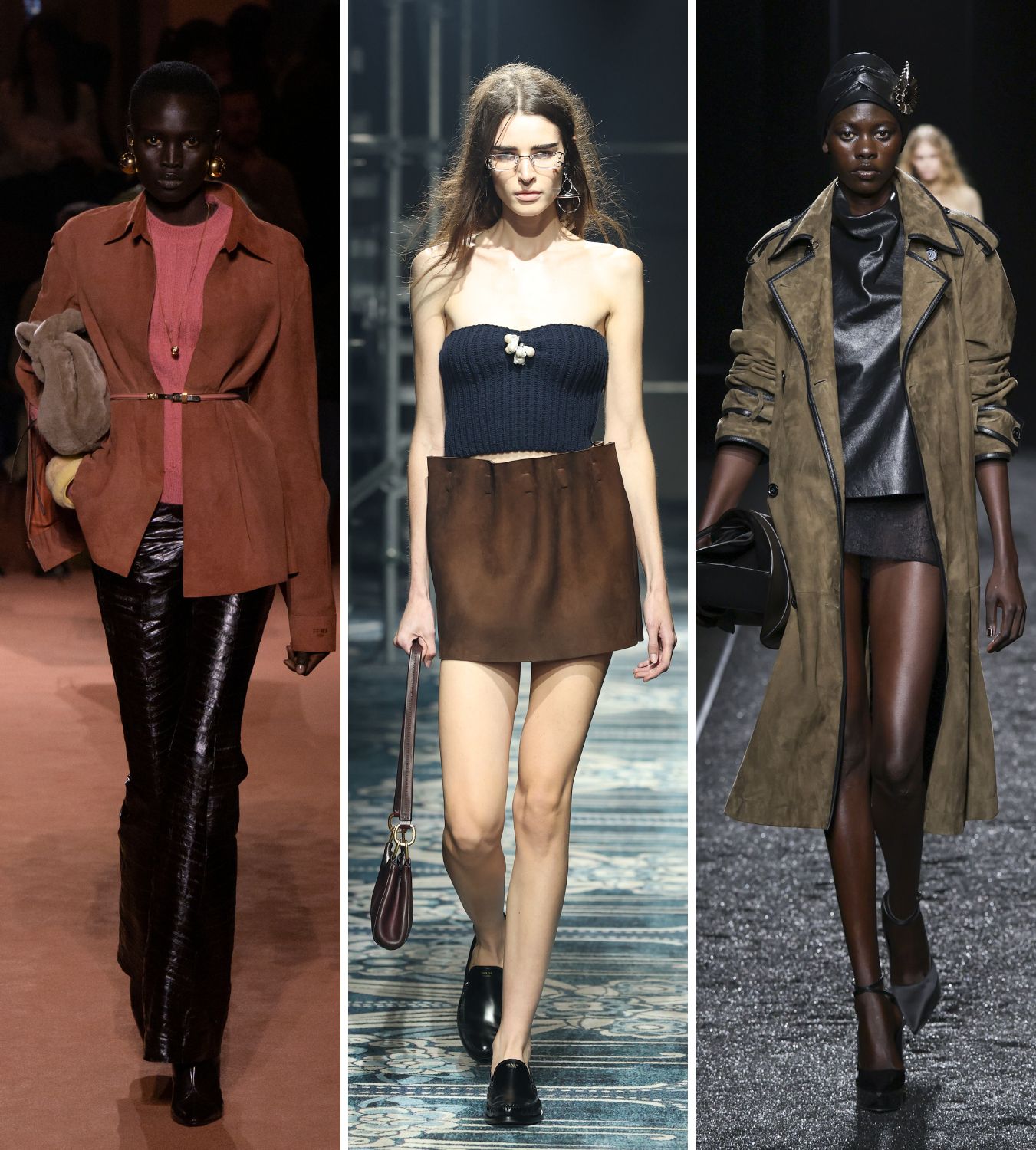 Suede trend AW25 Catwalk Inspiration at Fendi, Prada, Nina Ricci