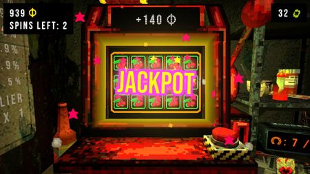 Screenshot from CloverPit, showing a first-person view of a slot machine with a shining 'Jackpot' announcement lit up. 